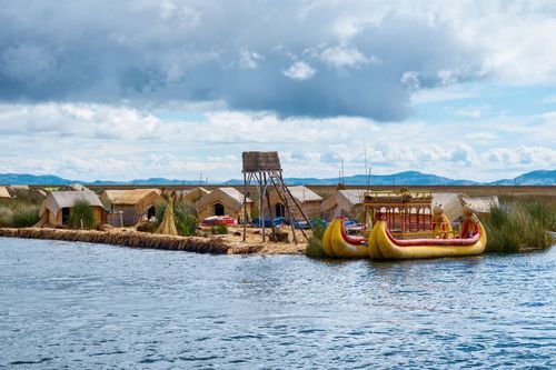 Traditional village on floating islands on lake Titicaca in Peru, South America