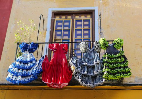 Traditional flamenco dresses at a house in Malaga