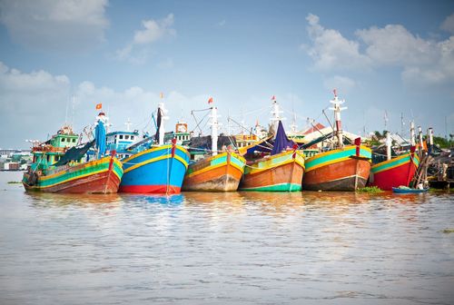 A row of colorful fishing boats berthed at the port in the Mekong Delta, Vietnam