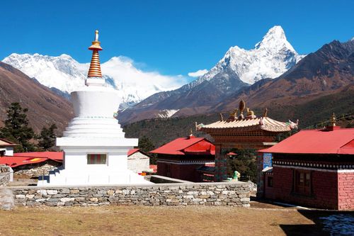 View of stupa at Tengboche Monastery with Mt. Everest
