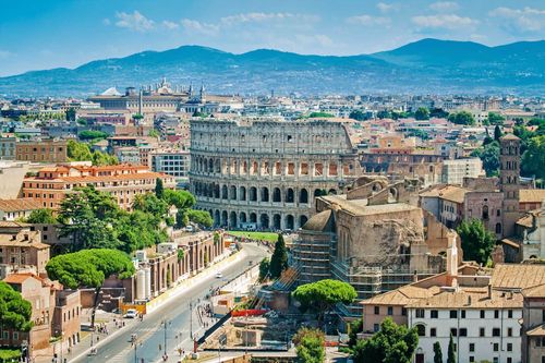 Aerial cityscape of Rome with Forums and Colosseum, Rome, Italy